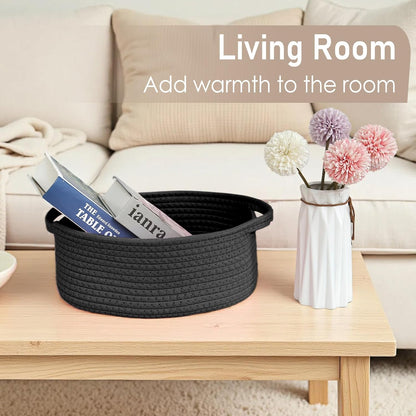 JMvicyroam Woven Basket,Small Rope Storage Bin with Handles & Ribbon Bag, Organizer for Shelves Closets,Gift Basket Empty for Birthday,Books,Dog Toys,White