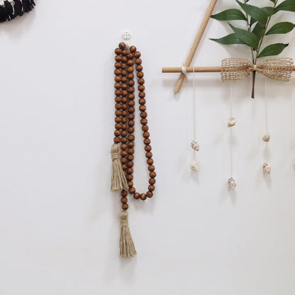 58in Wood Bead Garland with Tassels, Farmhouse Rustic Country Decor Prayer Boho Wall Hanging Decoration (Nature)