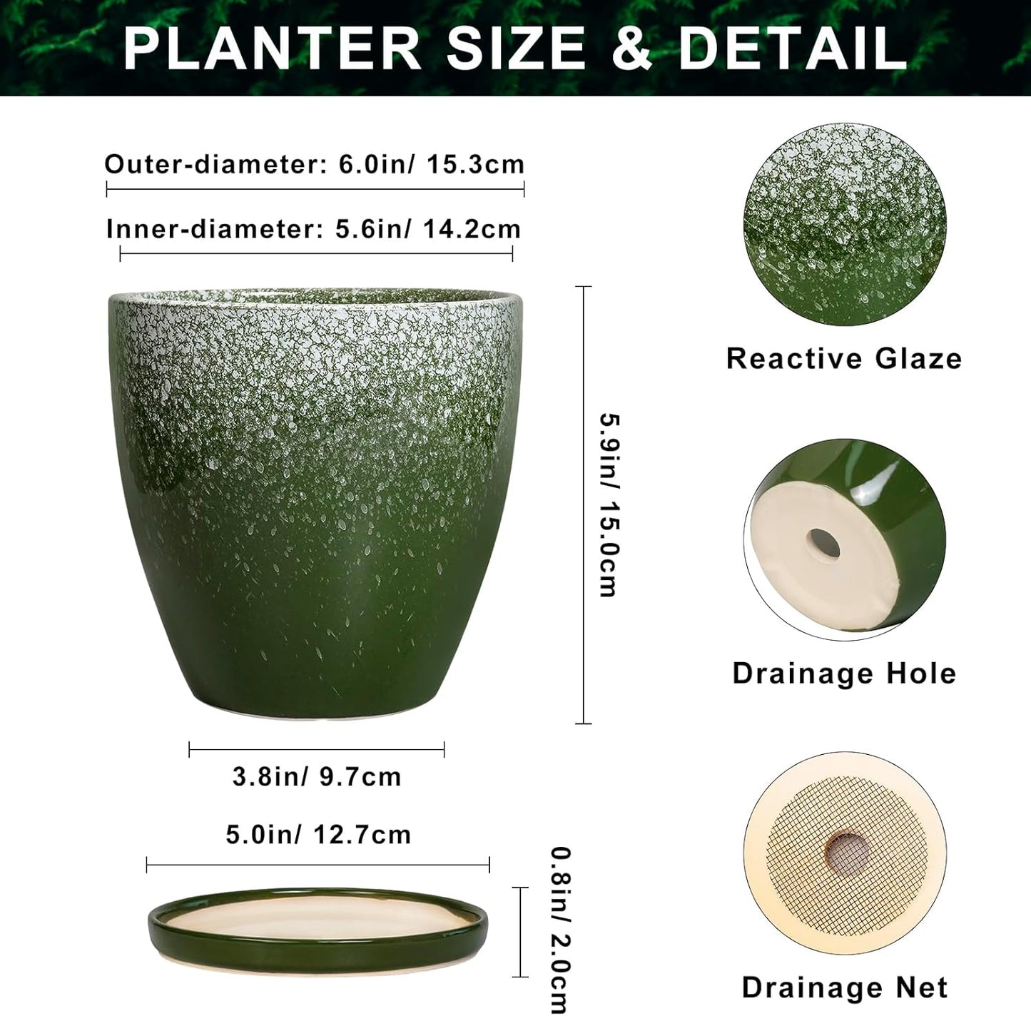 10 Inch Ceramic Planter Pot Round Plant Pot for Indoor Plants Outdoor Large Flower Pot with Drainage Hole and Saucer Blue