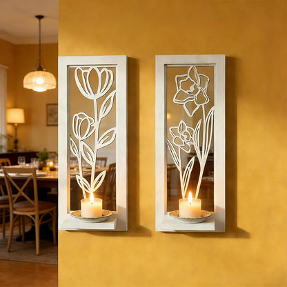 Wood Wall Sconce Candle Holder Set 2, Rustic Wall-Mount Candle Holders, Farmhouse Hanging Wall Décor, Carved Wood Frame, Mirrored Candle Holder (Distressed White)