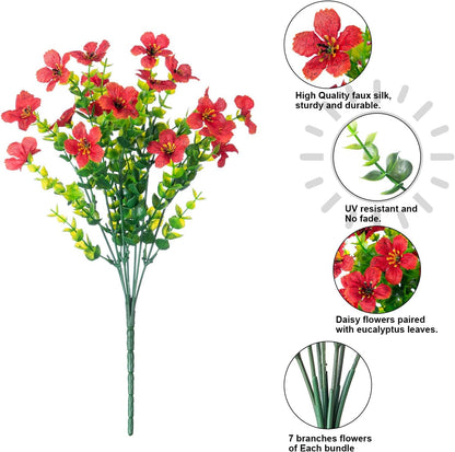 HyeFlora Artificial Flowers for Outdoor Indoor Garden Home Decoration, Faux Flower Daisy with Eucalyptus Leaves Fake Plants Greenery Boxwood Porch Patio, 12 Bundles (Mix Pink Red Purple Yellow)