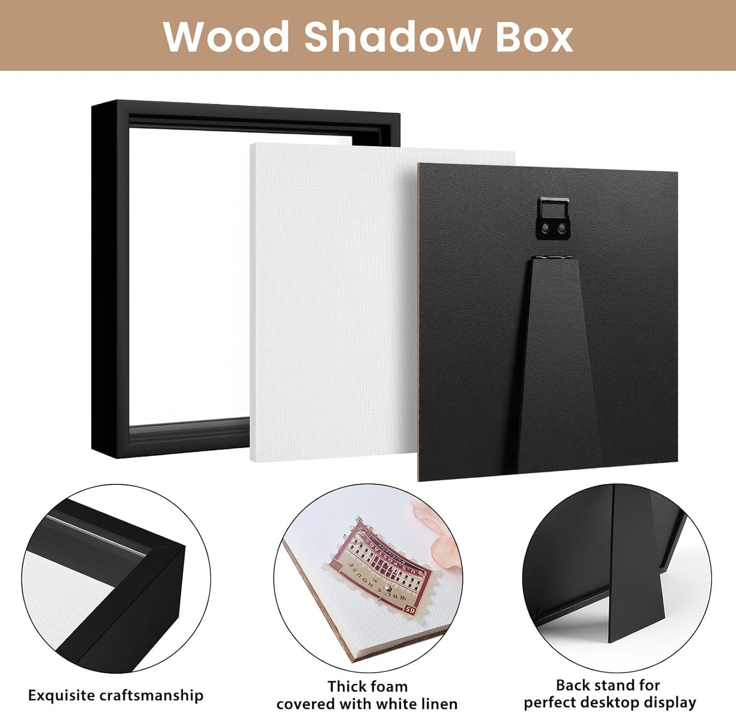 Califortree 8x8 Shadow Box Frame with Soft Linen Back - Push Pins Included, Memory Box Display Case for Flower, Tickets and 3D Items, Black