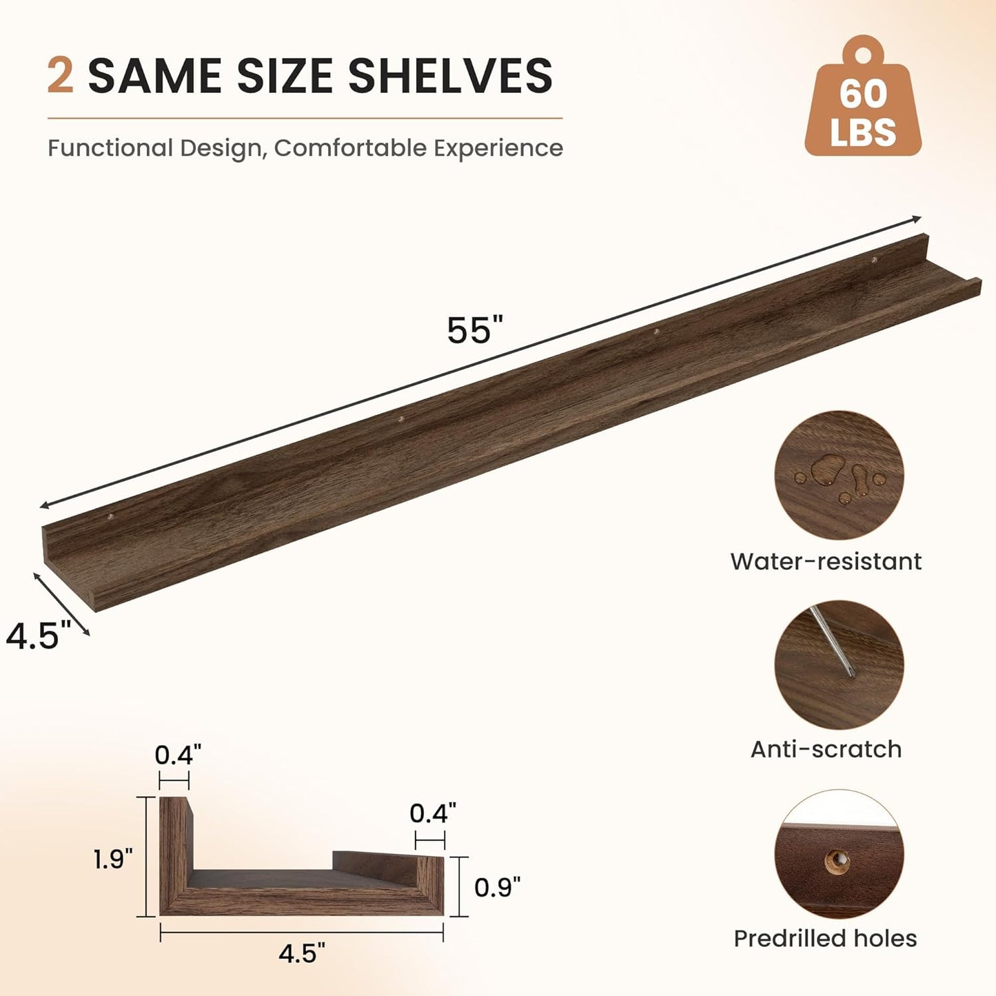 Dreamland Picture Ledge Shelf for Wall, Floating Shelves Set of 2, 48 Inch Long Floating Shelves with Lip for Living Room, Bedroom, Bathroom, Kitchen, White