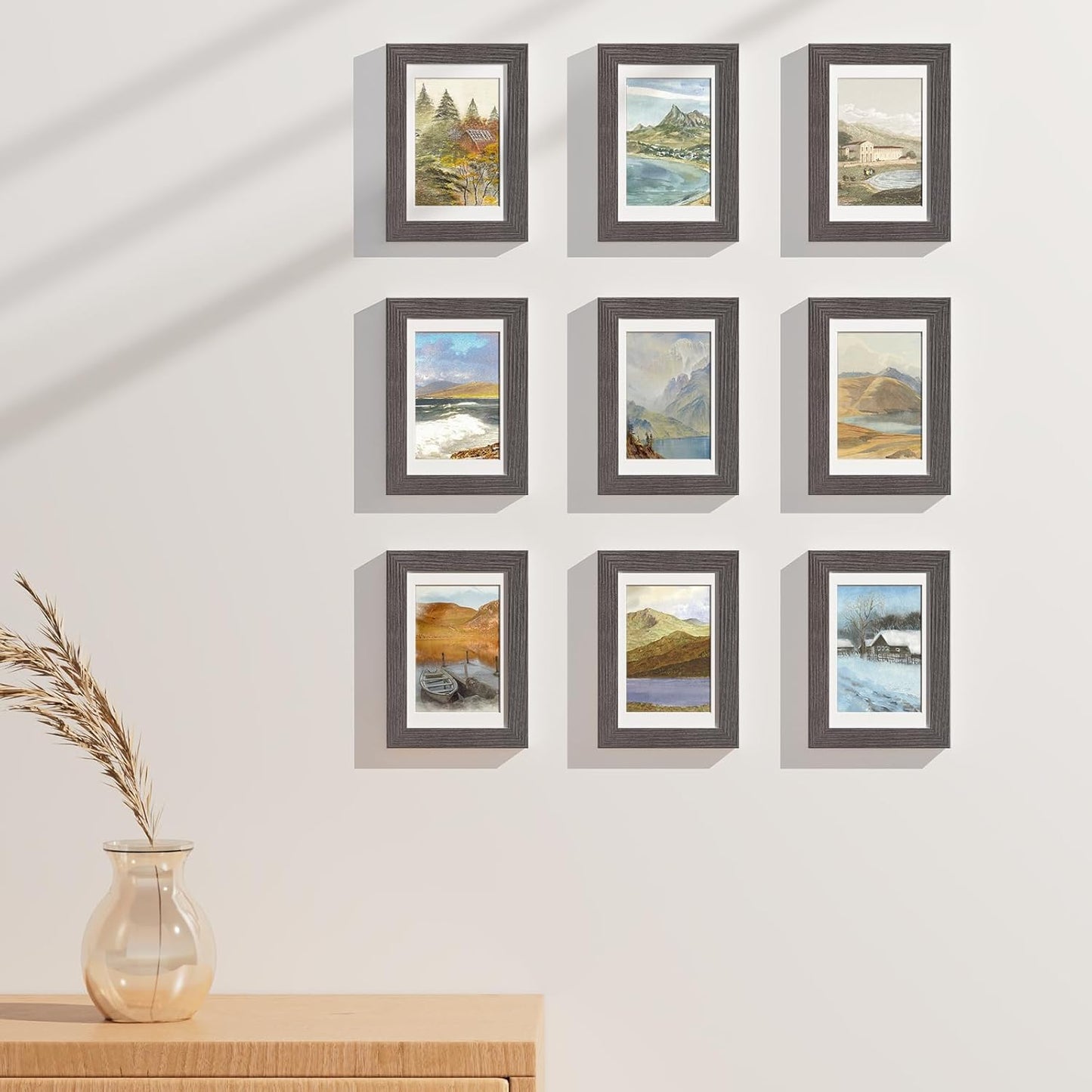 Vittanly 8x10 Picture Frames Set of 9, Shatter Resistant Plexiglass, Display 5x7 Pictures with Mat or 8x10 without Mat, Photo Frames for Wall or Tabletop, Engineered Wood, Black - Colors B