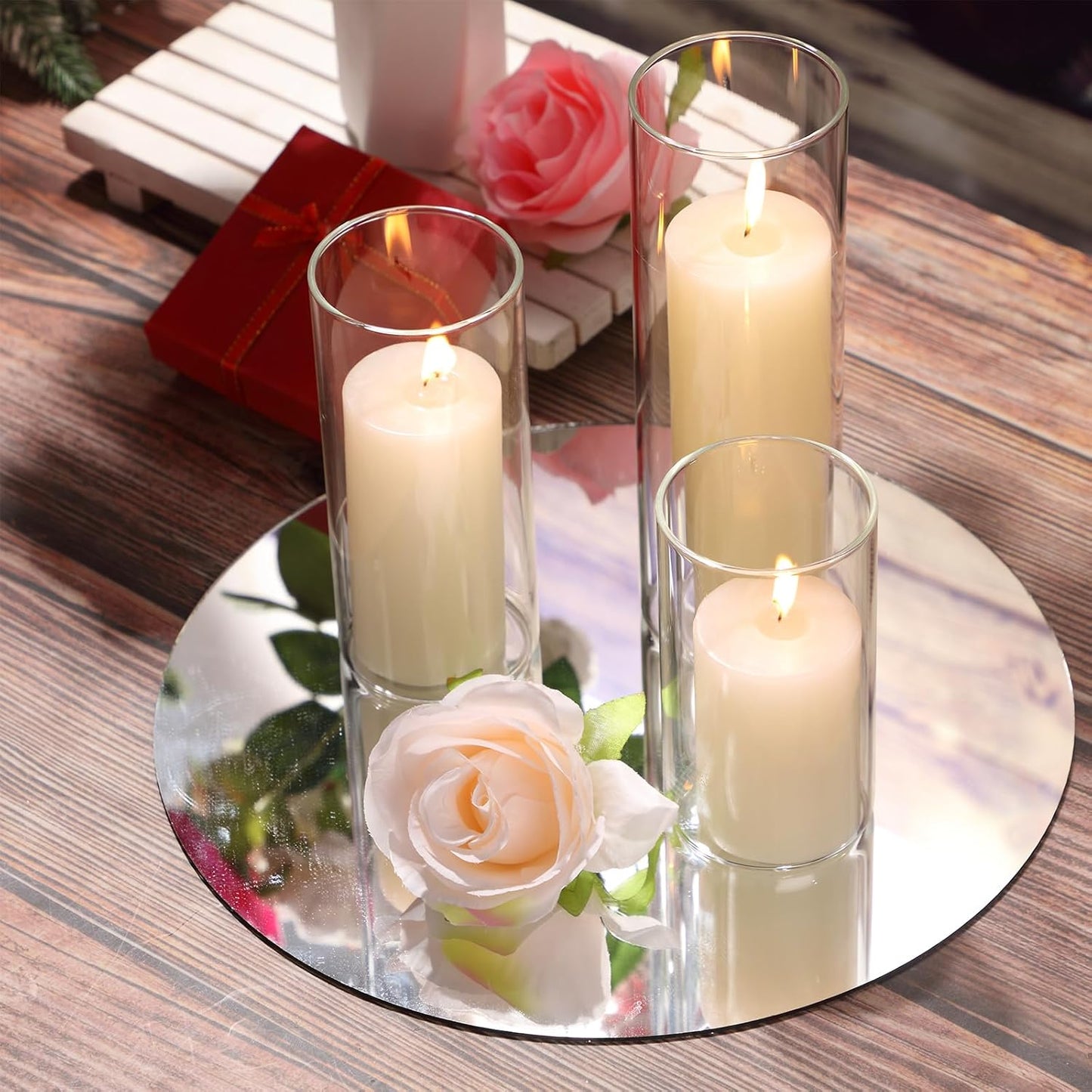 Shihanee 36 Pcs Pillar Candles and Glass Cylinder Vases Tall Cylinder Holders for Pillar Candles Wedding Centerpieces, Total 18 Sets(2.6'' X 4.7'', 5.9'', 7.9'',Clear,Ivory)