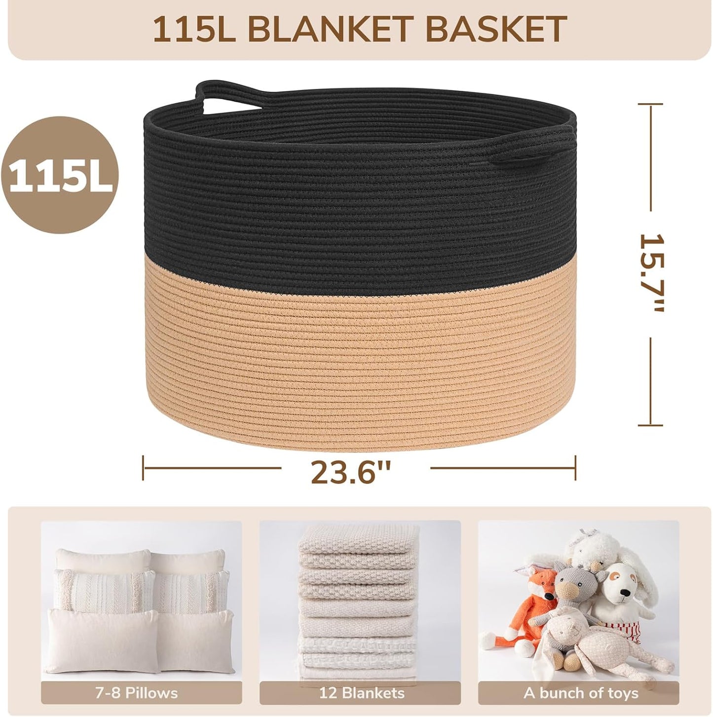 INDRESSME XXXLarge Blanket Basket for Living Room 21.7" x 21.7" x 13.8"-Storage Basket with Handle for Organizing Toy Pillows Woven Cotton Rope Laundry Basket Stuffed Animal Toy Storage for Play Room