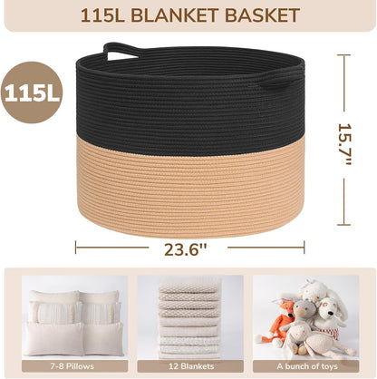 INDRESSME XXXLarge Blanket Basket for Living Room 21.7" x 21.7" x 13.8"-Storage Basket with Handle for Organizing Toy Pillows Woven Cotton Rope Laundry Basket Stuffed Animal Toy Storage for Play Room