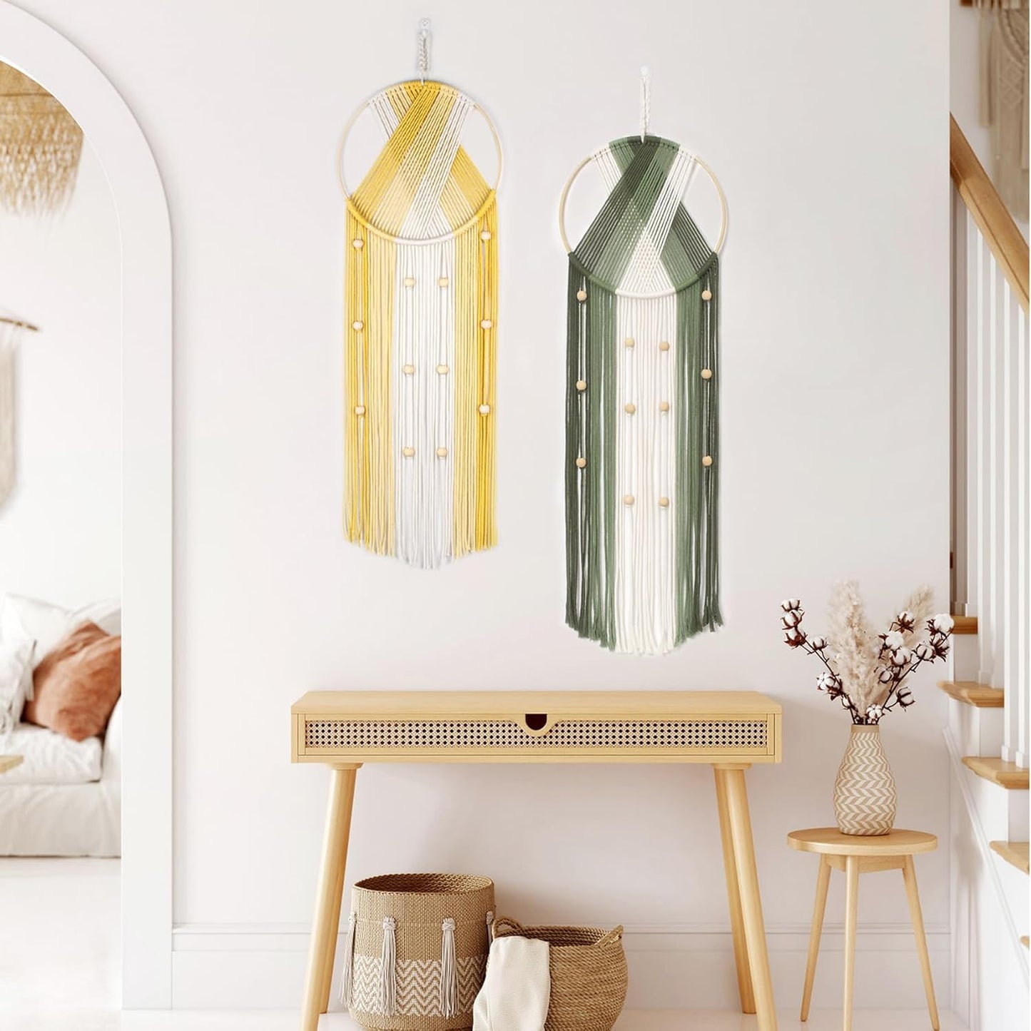 LB Boho Macrame Wall Hanging - Green and Beige Handmade Cotton Woven Decor, Modern Geometric Bohemian Tapestry Wall Decor for Bedroom Living Room Home (31.5"x9.84") Nature-Inspired Room Decor
