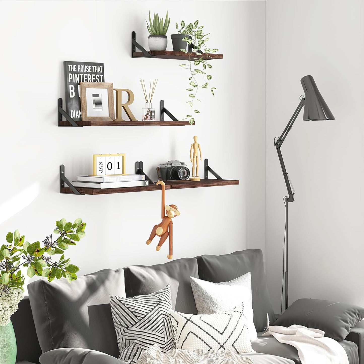 YGEOMER Floating Shelves for Wall, Different Sizes Dark Carbonized Brown Wall Shelves for Living Room, Bathroom, Bedroom, Kitchen, Home Decor (Set of 4)