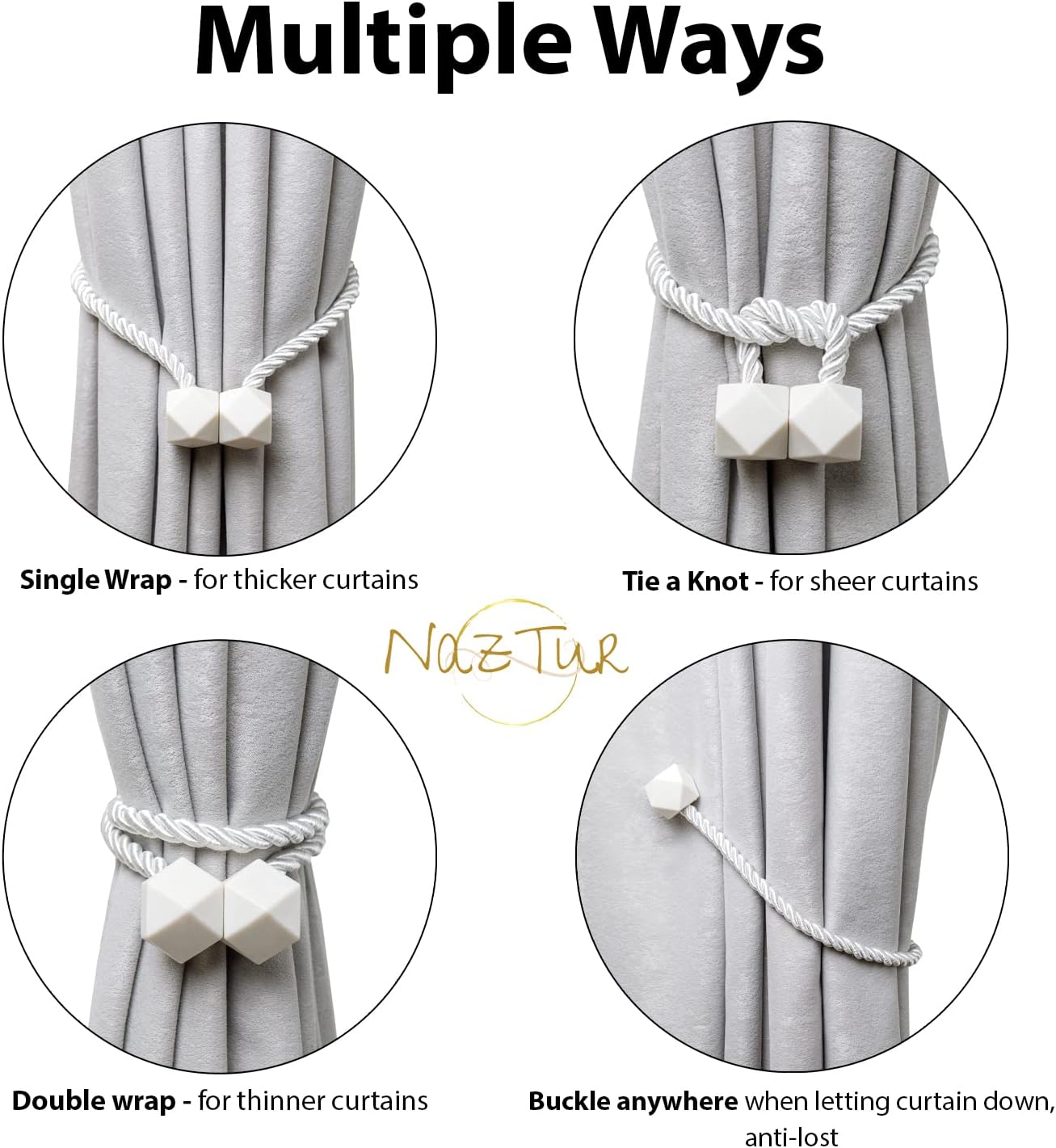 NazTur Magnetic Curtain Tiebacks- Upgrade 2022 with a Thicker Twist Rope & Strong Magnet Tieback Window Treatment Holdbacks Draperies Holders Decorative Drape Handmade Tie Back (Black, 2)