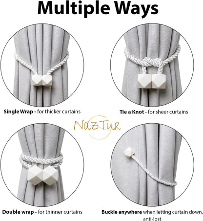 NazTur Magnetic Curtain Tiebacks- Upgrade 2022 with a Thicker Twist Rope & Strong Magnet Tieback Window Treatment Holdbacks Draperies Holders Decorative Drape Handmade Tie Back (Black, 2)