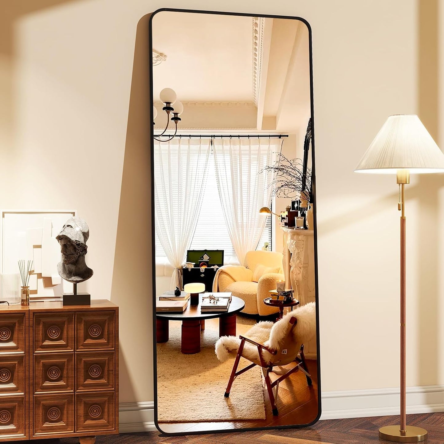 XRAMFY 56"x21" Floor Full Length Mirror Standing Full Body Rounded Corner Rectangle Mirrors with Stand Hanging Wall Mounted Leaning Bedroom Living Room Bedroom Cloakroom,Gold