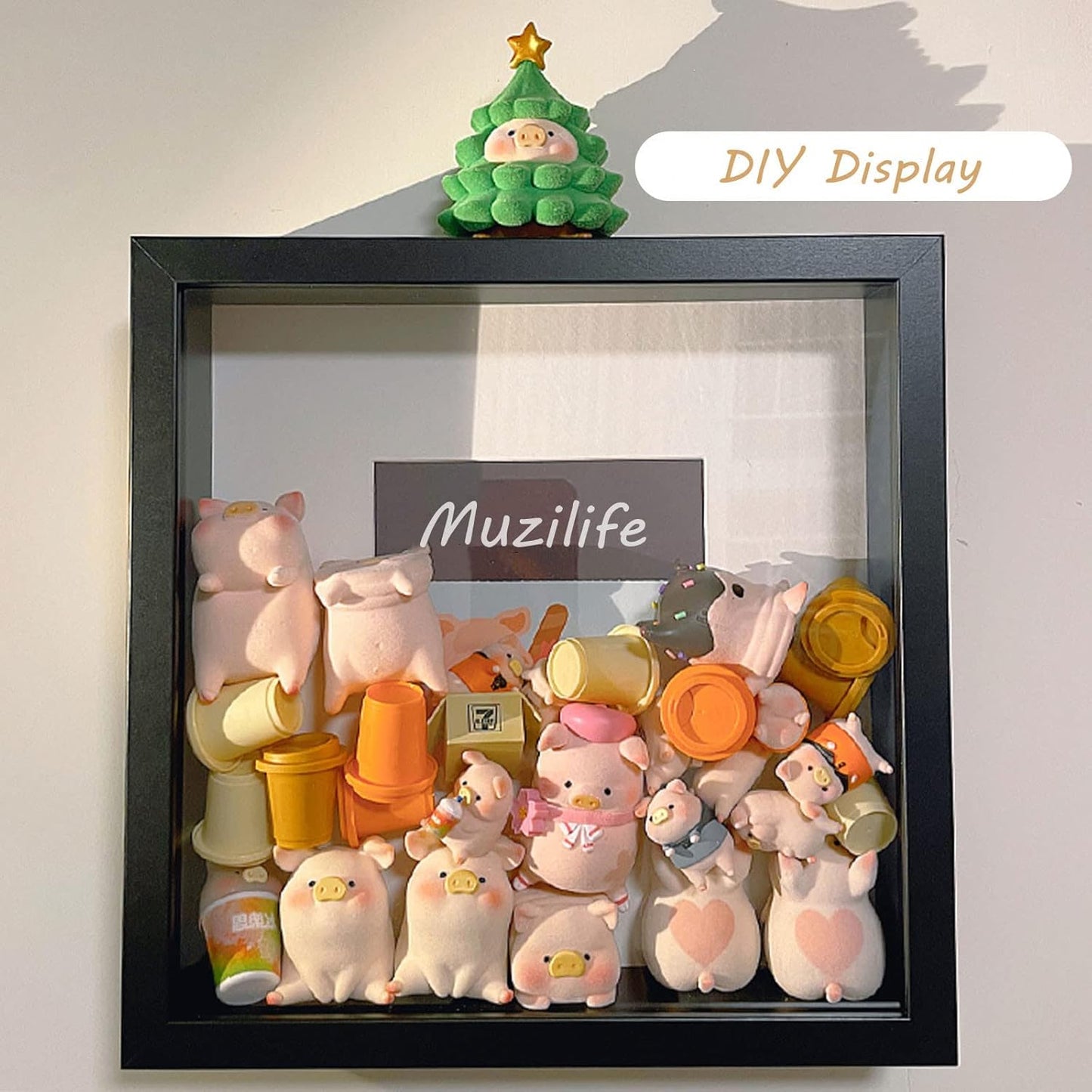 Muzilife 8x8 Shadow Box Picture Frame with Linen Board - Deep Wood & Glass Display Case Ready to Hang Memory Box Baby Sports Memorabilia, Pins, Awards, Medals, Wedding, Tickets and Photos (Black)