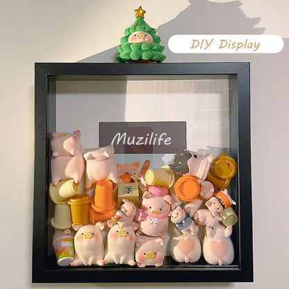 Muzilife 8x8 Shadow Box Picture Frame with Linen Board - Deep Wood & Glass Display Case Ready to Hang Memory Box Baby Sports Memorabilia, Pins, Awards, Medals, Wedding, Tickets and Photos (Black)