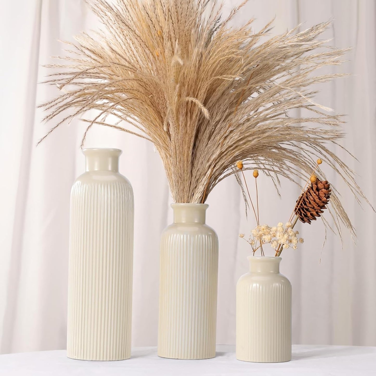 Small White Ceramic Vase Set of 3, Boho Modern White Flower Vase Room Decor, Farmhouse Decor, Vases for Your Kitchen, Bathroom, Bedroom, Living Room, Office&Shelf Centerpiece Table Decorations