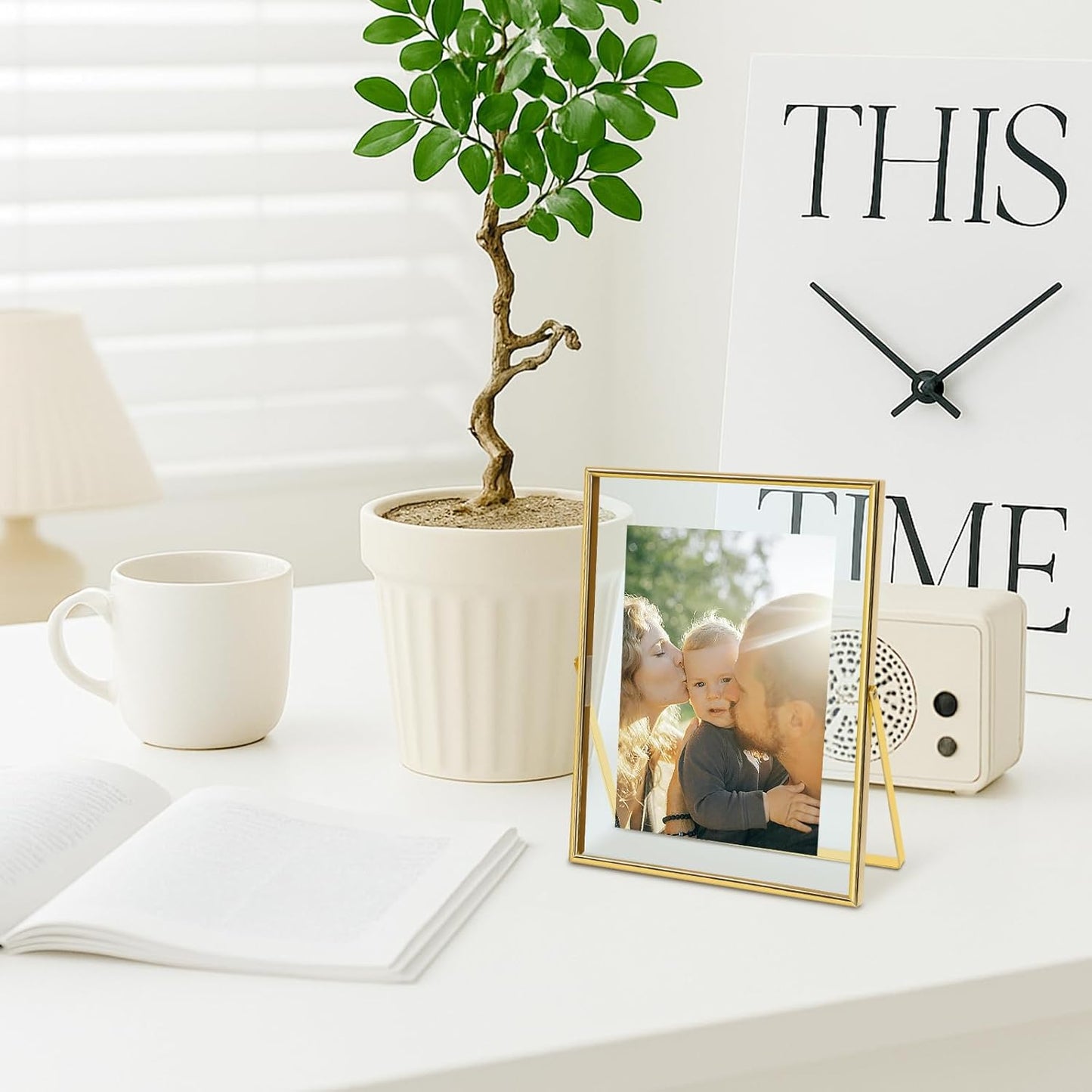 Qiannhee 8x10 Floating Frames Set of 2, Double Glass Desktop Picture Frames, Holds Multiple Photo Sizes, Photo Frame with Metal Stand