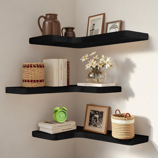 Floating Corner Shelves Set of 3, Solid Wood Picture Wall Shelf, Floating Shelves for Storage for Bedroom Kitchen Bathroom Living Room (Light Burnt)