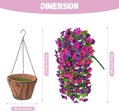 INXUGAO Artificial Flowers with Hanging Basket, Outdoor Faux Plants Silk Morning Glory Vines, Fake Green Arrangement for Garden Patio Spring Summer Decor(4pcs,Darkorchid)