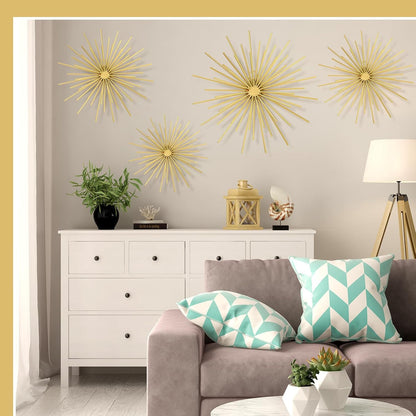 Shimeyao 4 Pcs Metal Starburst Wall Decor Black Metal Wall Art 3D Spike Bling Finish Star Burst Hangings Accents Sculptures Set Modern Mid Century Decorations for Living Room Bedroom Entryway