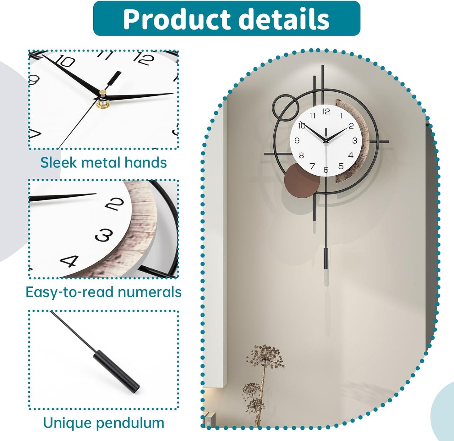 Wall Clock for Living Room Decor Decorative Wall Clock with Pendulum Silent Quartz Battery Operated Black Metal Large Clock for Dining Room,Kitchen,Home,Bathroom,Bedroom,13.8x21.3 in