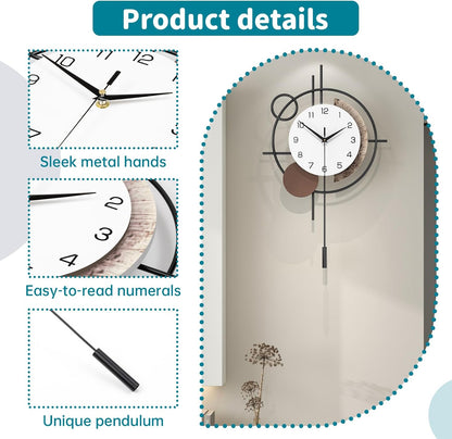 Wall Clock for Living Room Decor Decorative Wall Clock with Pendulum Silent Quartz Battery Operated Black Metal Large Clock for Dining Room,Kitchen,Home,Bathroom,Bedroom,13.8x21.3 in