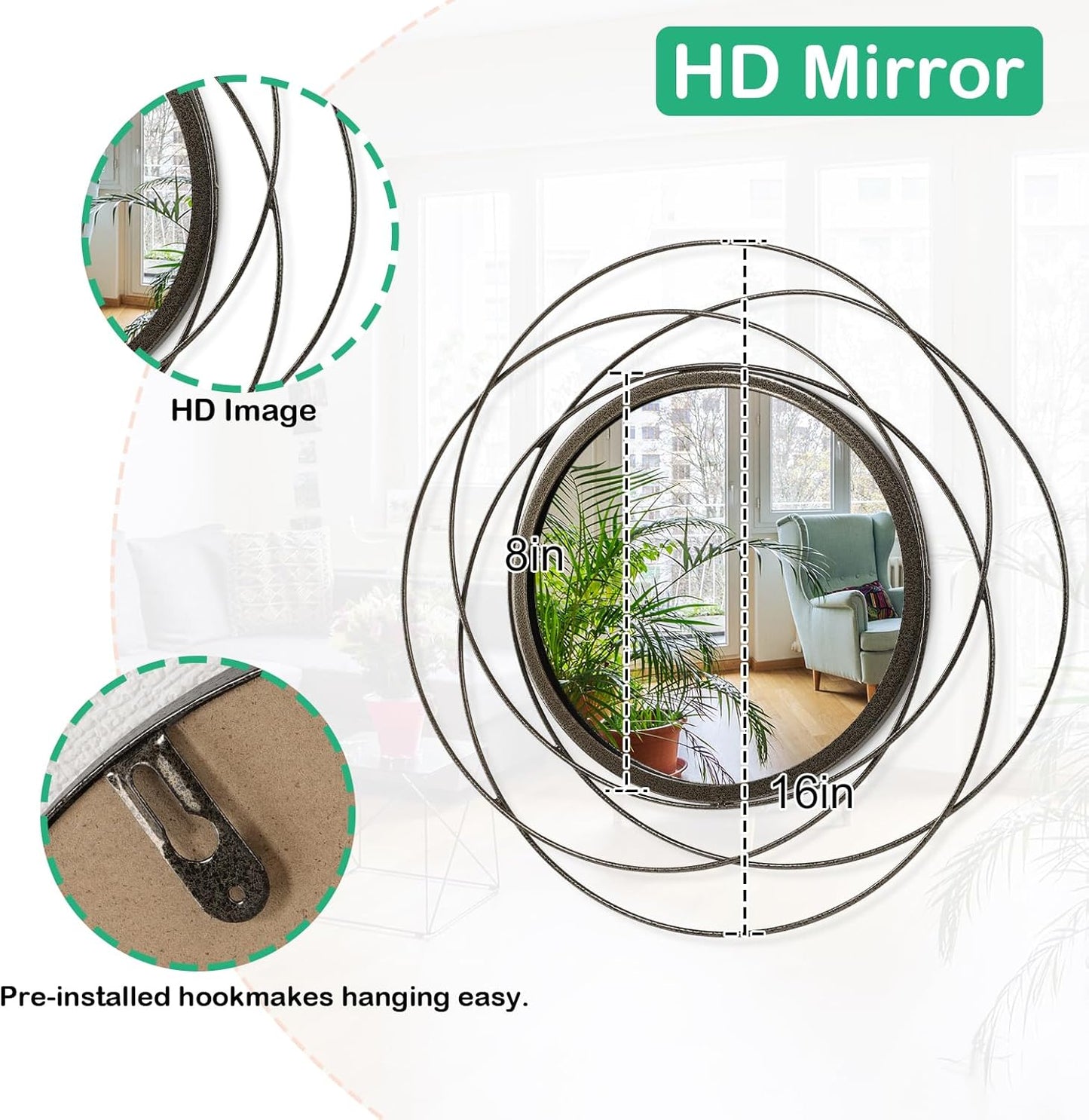 Gold Sunburst Mirrors for Wall Decorative Metal Round Art Mirrors Large Wall Decor Hanging Mirror for Bathroom Bedroom Living Room Vanity Entryway 16"