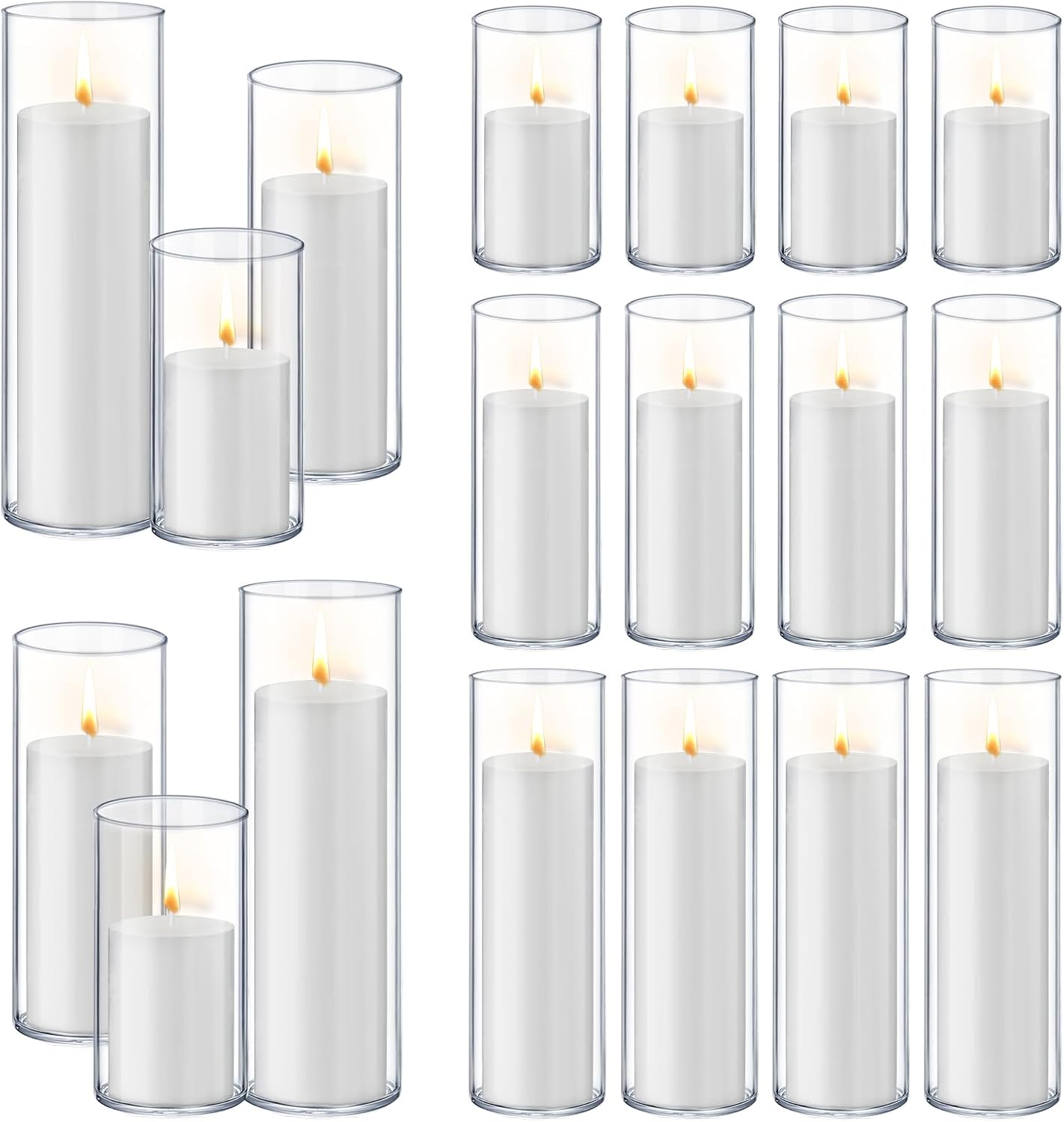 36 PCS Ivory White Pillar Candles with Glass Candle Holders Clear Hurricane Candle Holders Glass Cylinder Vases for Centerpieces Wedding Party, Event, Home Office (18 Candles+18 Candle Hoders)