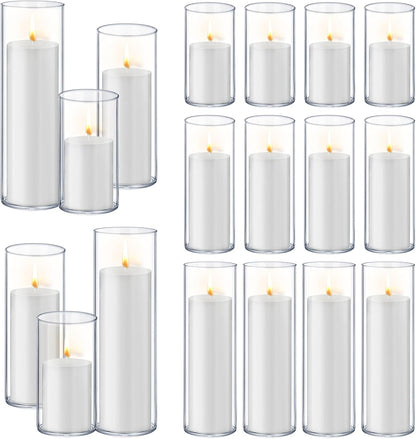 36 PCS Ivory White Pillar Candles with Glass Candle Holders Clear Hurricane Candle Holders Glass Cylinder Vases for Centerpieces Wedding Party, Event, Home Office (18 Candles+18 Candle Hoders)