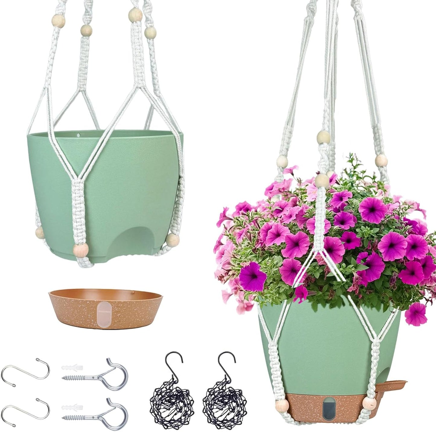 10 Inch Hanging Planters for Indoor Plants, 2 Pack Self Watering Hanging Baskets Flower Pots with Drainage Hole, Visual Reservoir & 2 Kinds of Plant Hanger for Outdoor Garden Home Decor (White)