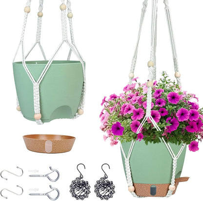 10 Inch Hanging Planters for Indoor Plants, 2 Pack Self Watering Hanging Baskets Flower Pots with Drainage Hole, Visual Reservoir & 2 Kinds of Plant Hanger for Outdoor Garden Home Decor (White)