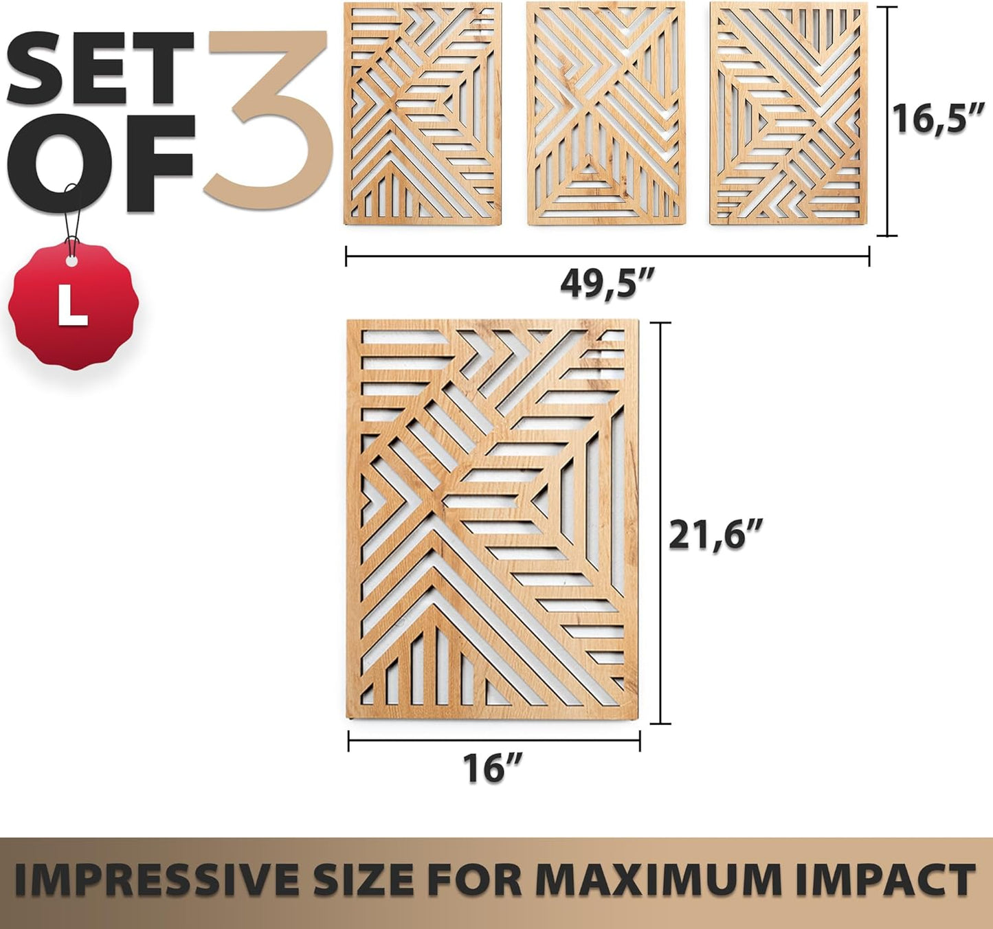 qmmp Modern Wooden Wall Sculptures - Set of 3 - Home Decor Accent - Large Wall Art for Living Room, Bedroom, Office - Easy Installation (Oak, Medium - Mountain and Sun)