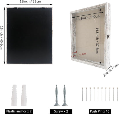 GraduationMall 13x16 Wood Shadow Box Frame Glass Door Display Case with Linen Back and 6 Stick Pins,1.5 inches Interior Depth,Ideal for Memorabilia Pictures Flowers Medals Tickets Rustic White