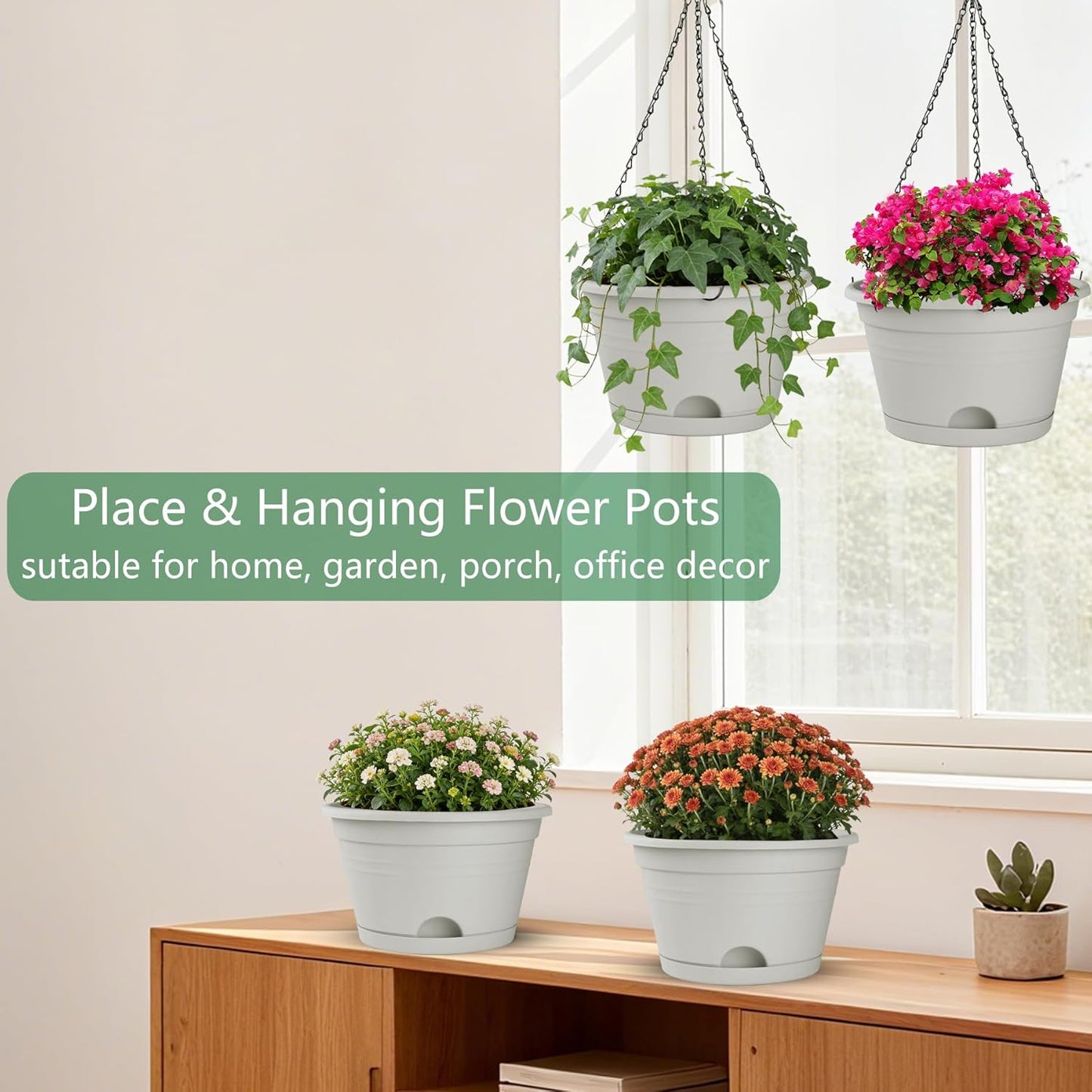 Nooulap 4 Pack Hanging Planters, 10 Inch Hanging Plant Pot with Hanger Chain & Drainage Trays, Hanging Baskets for Plants Outdoor Indoor, Flowers Pots for Home, Garden, Porch Decor (Black)