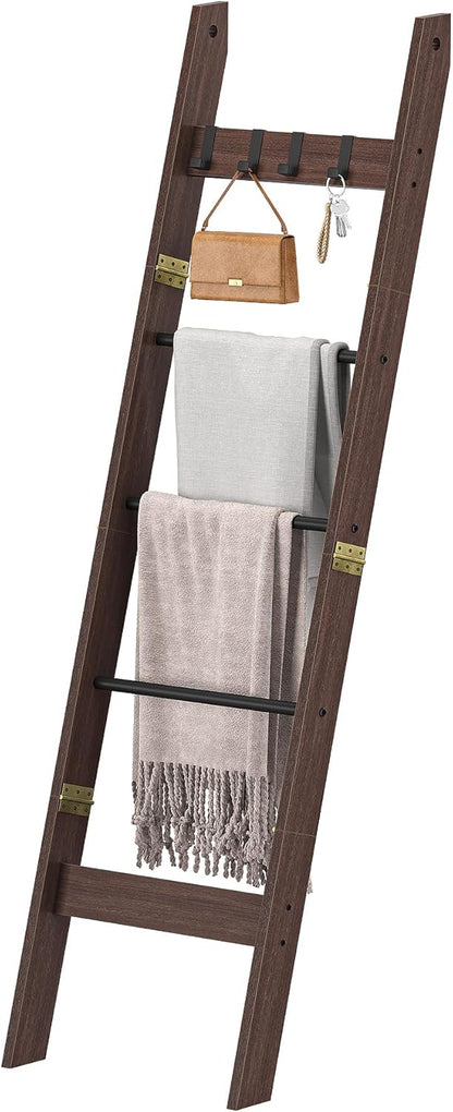 Hzuaneri Blanket Ladder for Living Room, Decorative Quilt Rack with 4 Removable Hooks, 5-Tier Farmhouse Ladder Holder Shelf Organizer for Bedroom, Rustic Brown and Black 02101BBR