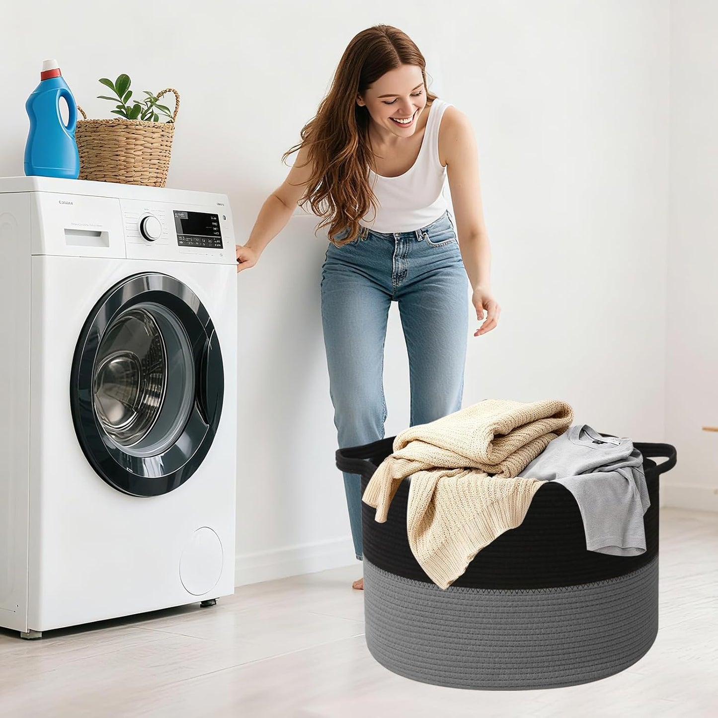 Large Woven Blanket Basket,65L Cotton Rope Laundry Basket Hamper with Handles, Decorative Nursery Basket Storage Bin for Toys, Clothes Organizer, Living Room, Bedroom, Bathroom, White & Brown