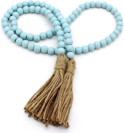 CVHOMEDECO. Wood Beads Garland with Tassels Farmhouse Rustic Wooden Prayer Bead String Wall Hanging Accent for Home Festival Decor. Mix Distressed