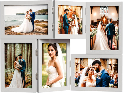 WARM&LOVE 6 Picture Frame, 4x6 & 4x4 Six Folding Hinged Photo Frames, Rustic Wood Desk Family Photo Collage Stand Vertical on Tabletop for Birthday Family Lover Gift (Black)