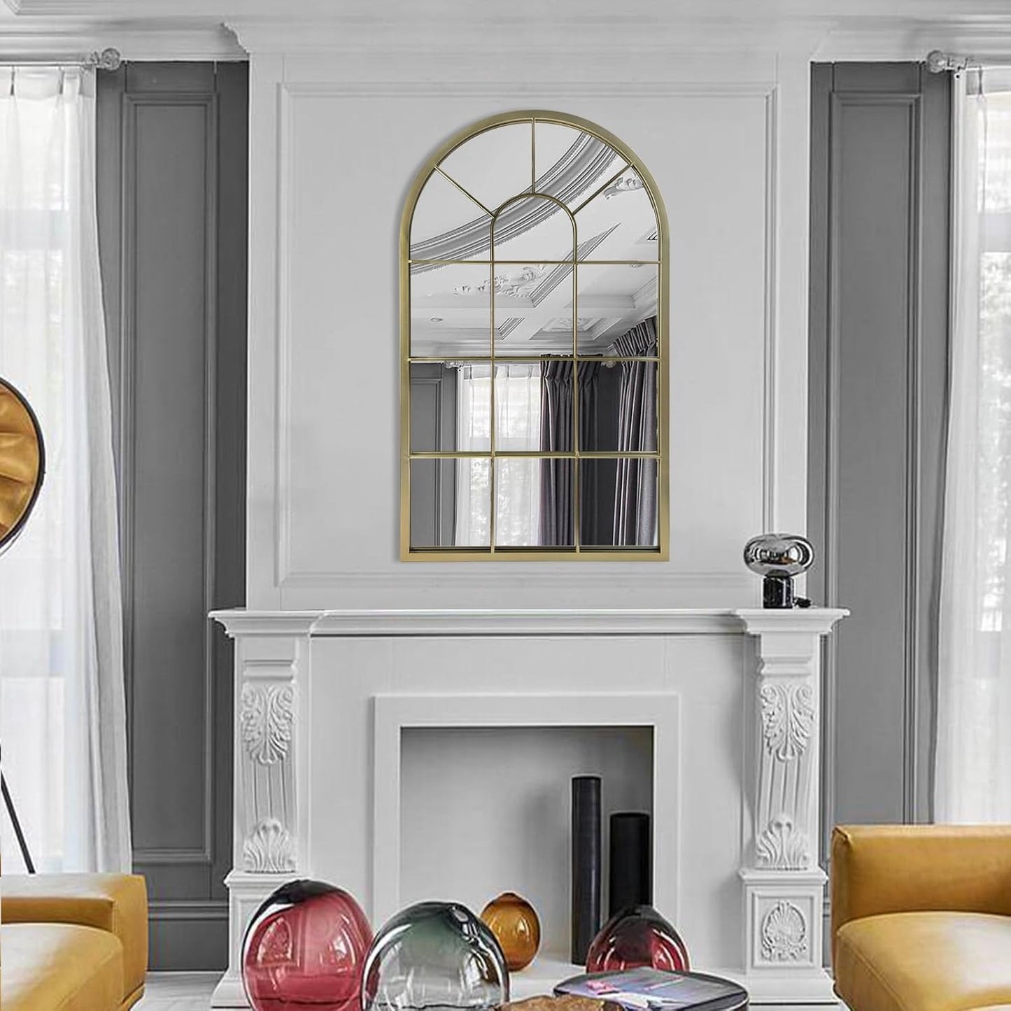 HQiJun Black Arched Window Mirror, Farmhouse Decorative Wall Mirrors for Living Room, Bedroom, Entryway, Bathroom Vanity, Fireplace Mantel, Window Pane Mirror Wall Decor (Black, 31.5 x 20 x1)