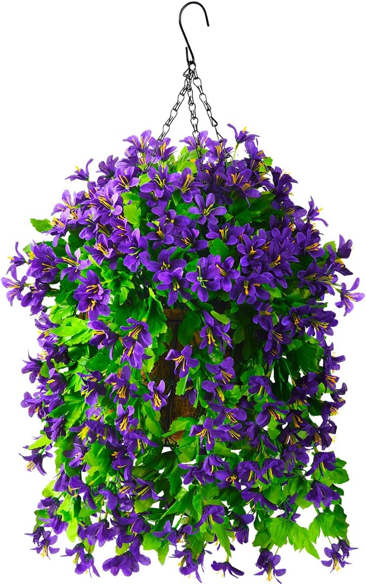 INQCMY Artificial Fake Hanging Plants Flowers Basket for Spring Summer Outdoor Outside Porch Decoration,UV Resistant Faux Silk Violet in Planter for Home Patio Balcony Garden Yard Decor(Red)