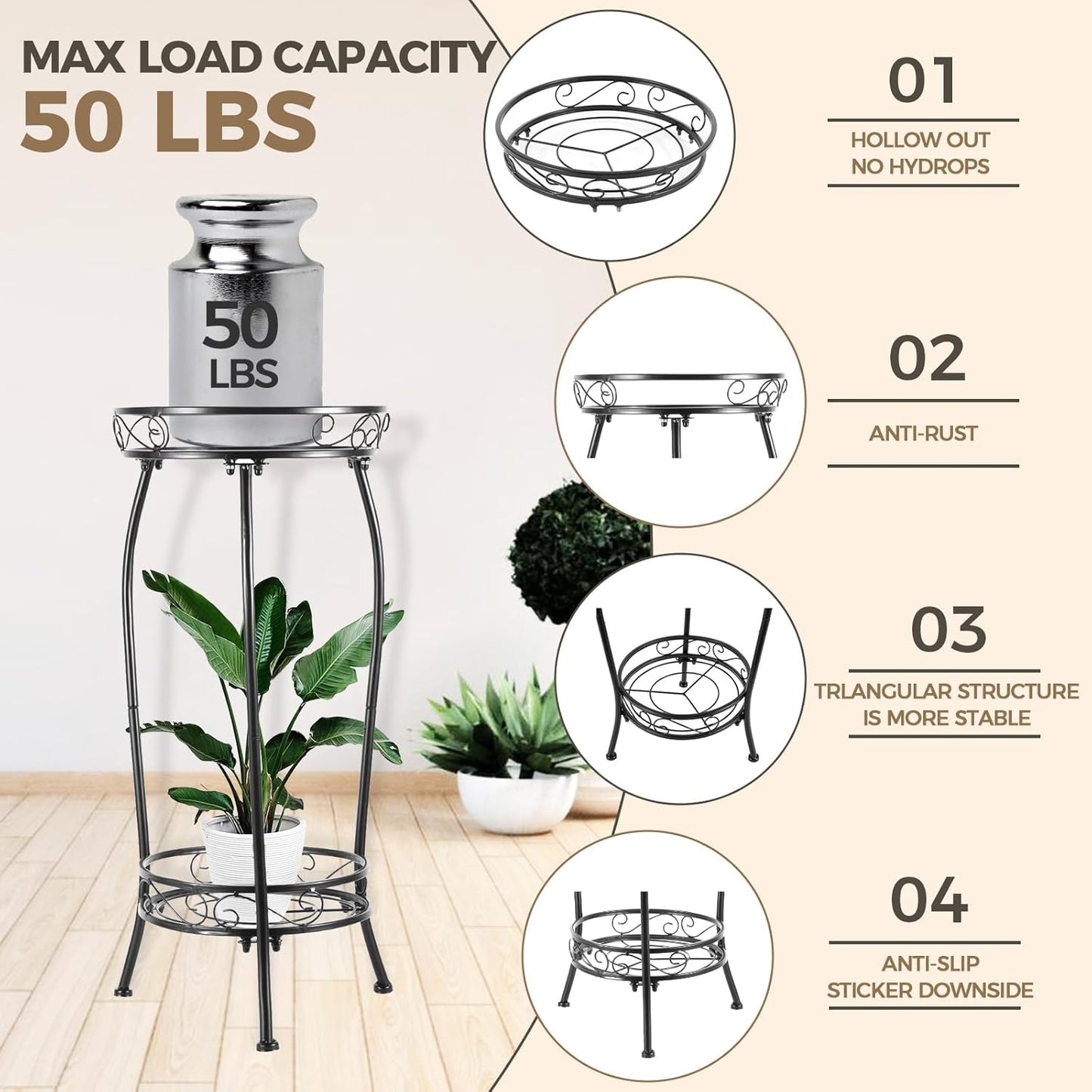 Kavlium Plant Stand Indoor Outdoor，Tall Black Metal Rustproof Stable Plant Stands，2 Tier 27.1 inch Multiple Plant Rack Holder Rack Flower Pot Stand Heavy Duty Plant Shelf