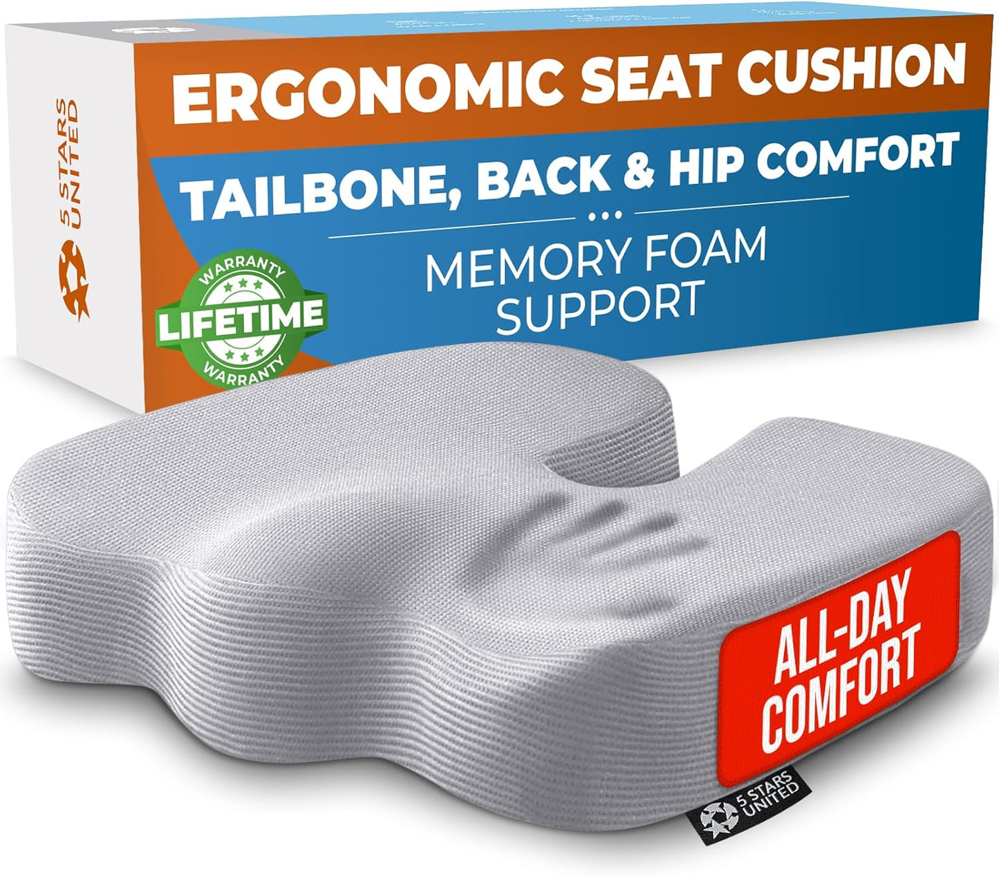 5 STARS UNITED Seat Cushion - Memory Foam Chair Cushion for Tailbone Pain Relief - Ergonomic Support for Coccyx, Sciatica & Butt - Office, Desk & Gaming Chair, Car Seat, Wheelchair, Airplane, Black