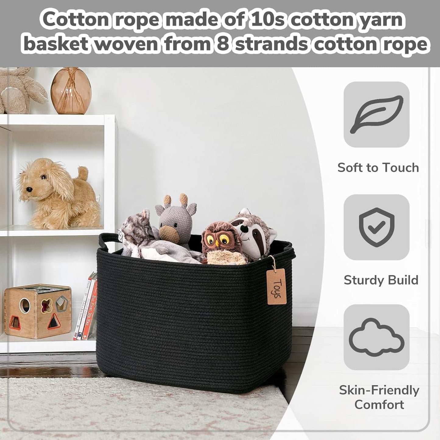 Goodpick Woven Storage Basket, Cotton Rope Basket for Dog Toys, Books, Stylish Gift Basket with Handles, 13 x 10 x 9 Inches Square Baskets for Organizing, Brown and White