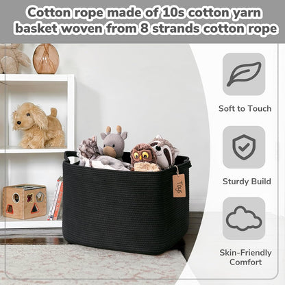 Goodpick Woven Storage Basket, Cotton Rope Basket for Dog Toys, Books, Stylish Gift Basket with Handles, 13 x 10 x 9 Inches Square Baskets for Organizing, Brown and White