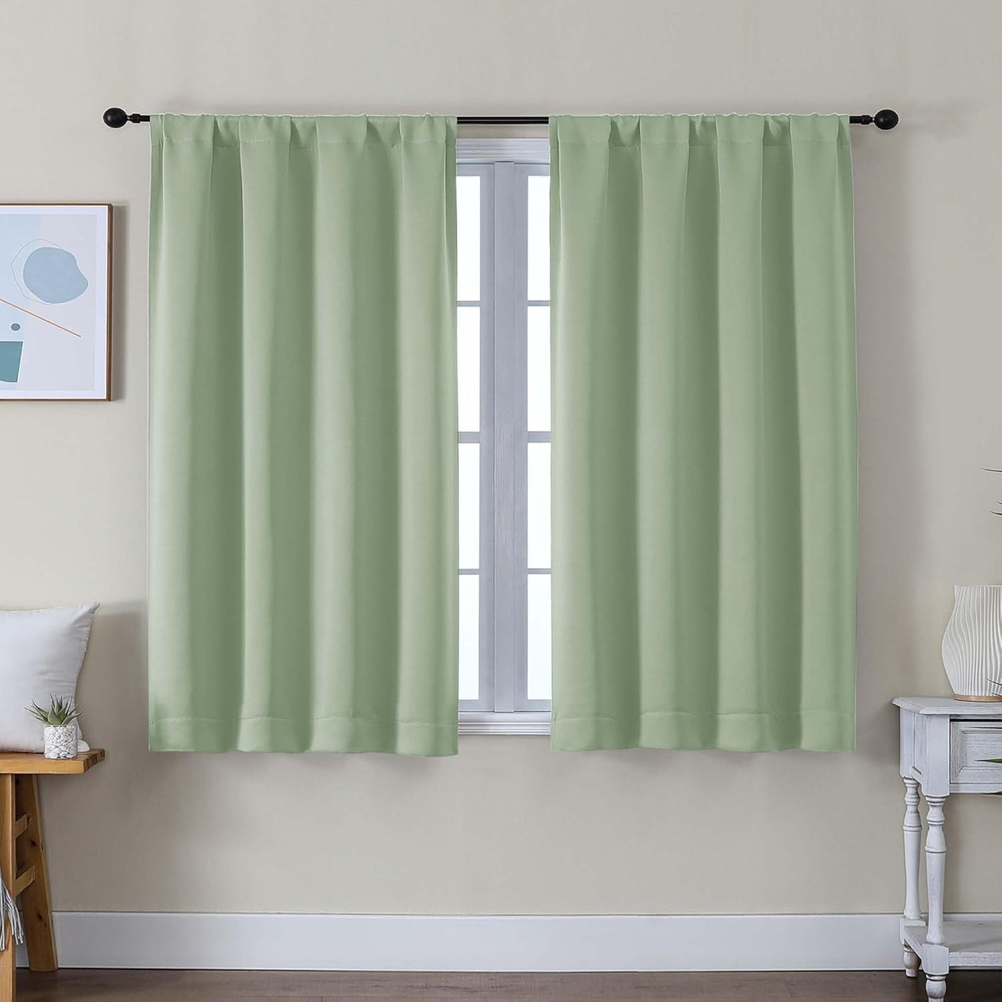 Simplebrand Ava Sage Green Blackout Curtains for Bedroom 63 Inch Length 2 Panels Set, Solid Thermal Insulated Energy Saving Rod Pocket Window Treatment Curtains Blackout Drapes, W40 x L63 Inch, Sage - Colors C