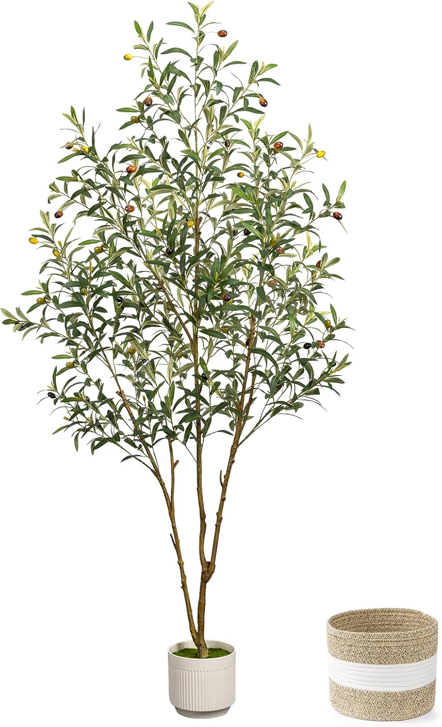 Artificial Olive Tree 6FT - Tall Faux Olive Trees Indoor with Planter&Cotton Basket, Large Fake Olive Plants Realistic Branches Natural Wood Trunk and Fruits for Home House Office Decor