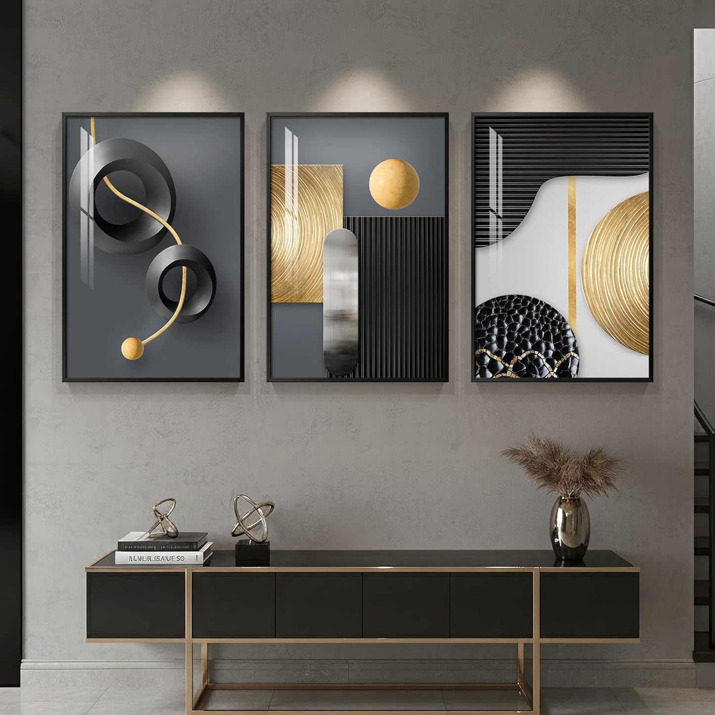 Framed Modern Luxury Gold Wall Art, Set of 3 Piece Contemporary Paintings Artwork for Walls, Golden Prints Pictures with Gold Frame, Wall Decor for Living Room, Hallway, Bedroom, Office 16x24 Inch