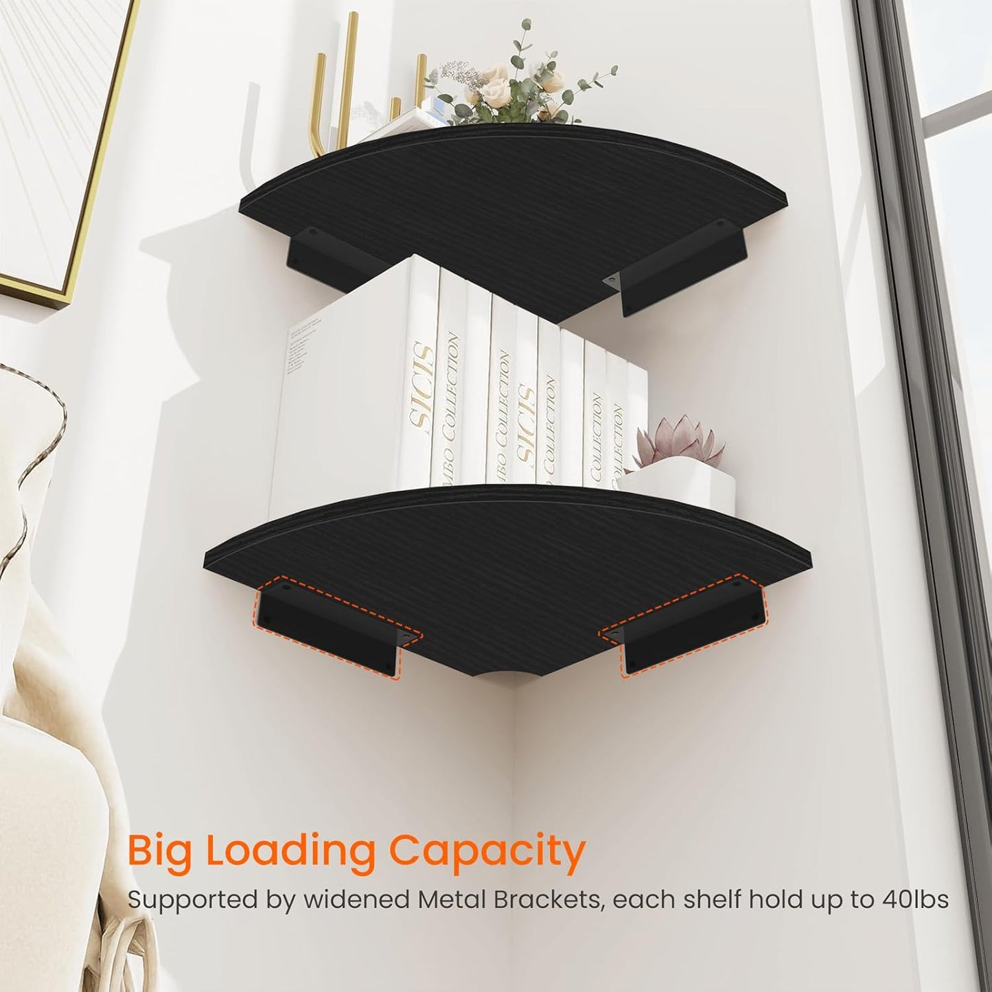 Homode Corner Wall Shelf, 12 in Wide Rounded Corner Shelf Floating, Set of 2 Wooden Hanging Corner Shelves with Wire Hole for Bathroom Living Room Office, White