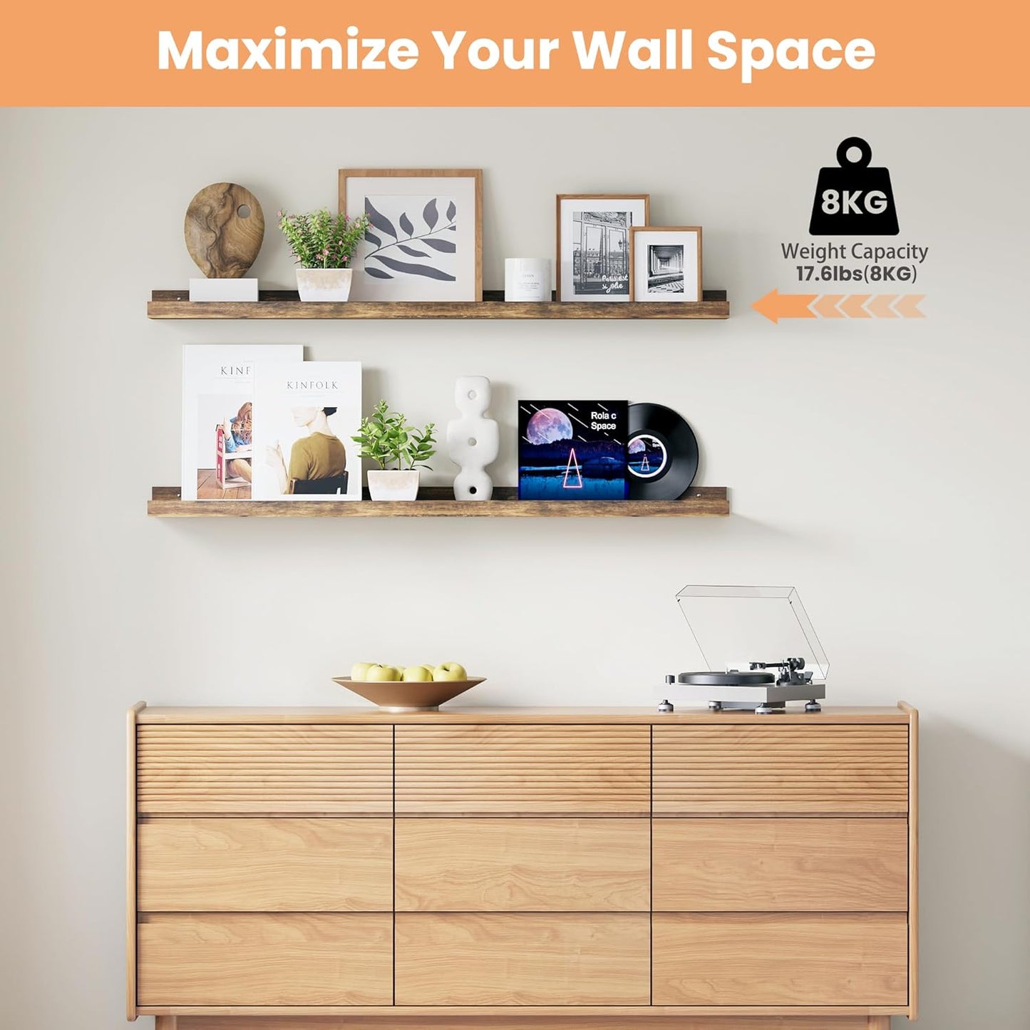 upsimples 6 Pack Wooden Floating Shelves, Wall Storage Decor Shelf for Bathroom, Bedroom, Living Room, Kitchen, Office and Laundry Room, Wall Mounted Display Hanging Shelf, Brown