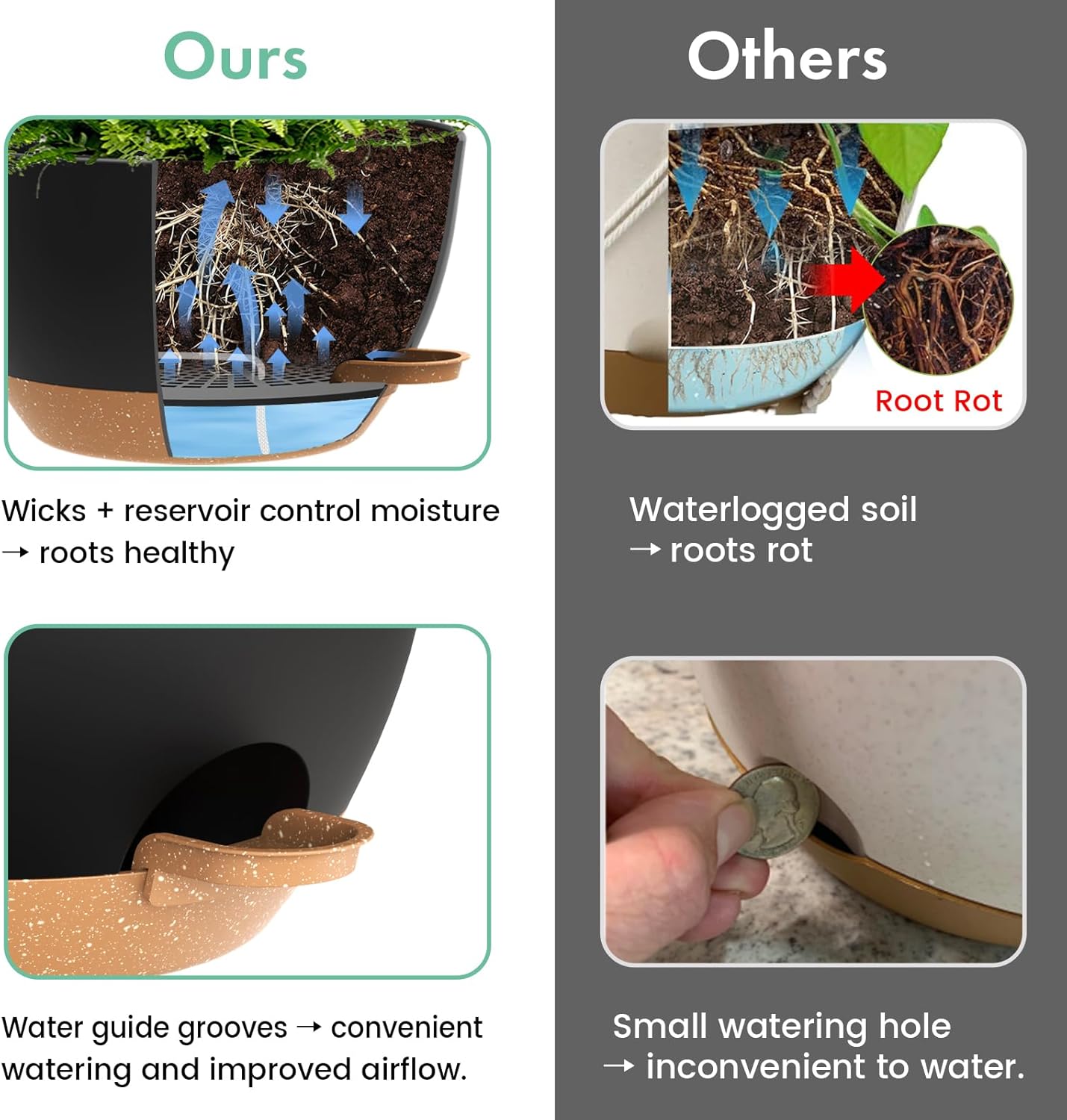 UOUZ 13 Inch 2 Pack Large Self Watering Hanging Planters for Indoor Outdoor Plants, Hanging Plant Pots with Removable 50 Oz Reservoir, Plastic Hanging Basket for Window Porch Garden Balcony, Black