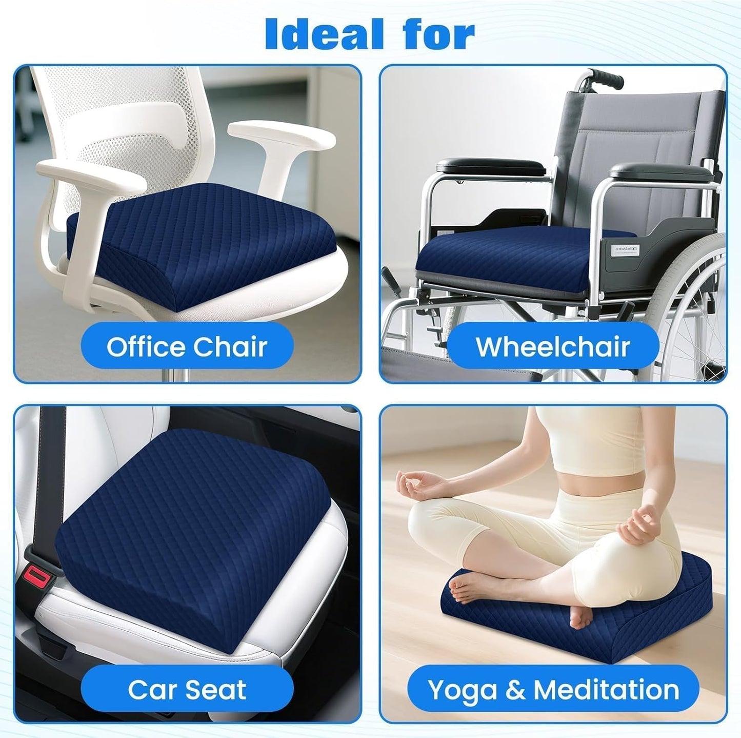 Seat Cushion, Memory Foam Chair Pad for Sciatica & Hip Pain Relief, Non-Slip Cushion for Office, Home, Car, Large Desk Chair Cushion, Washable Cover & Handle, Large, Black